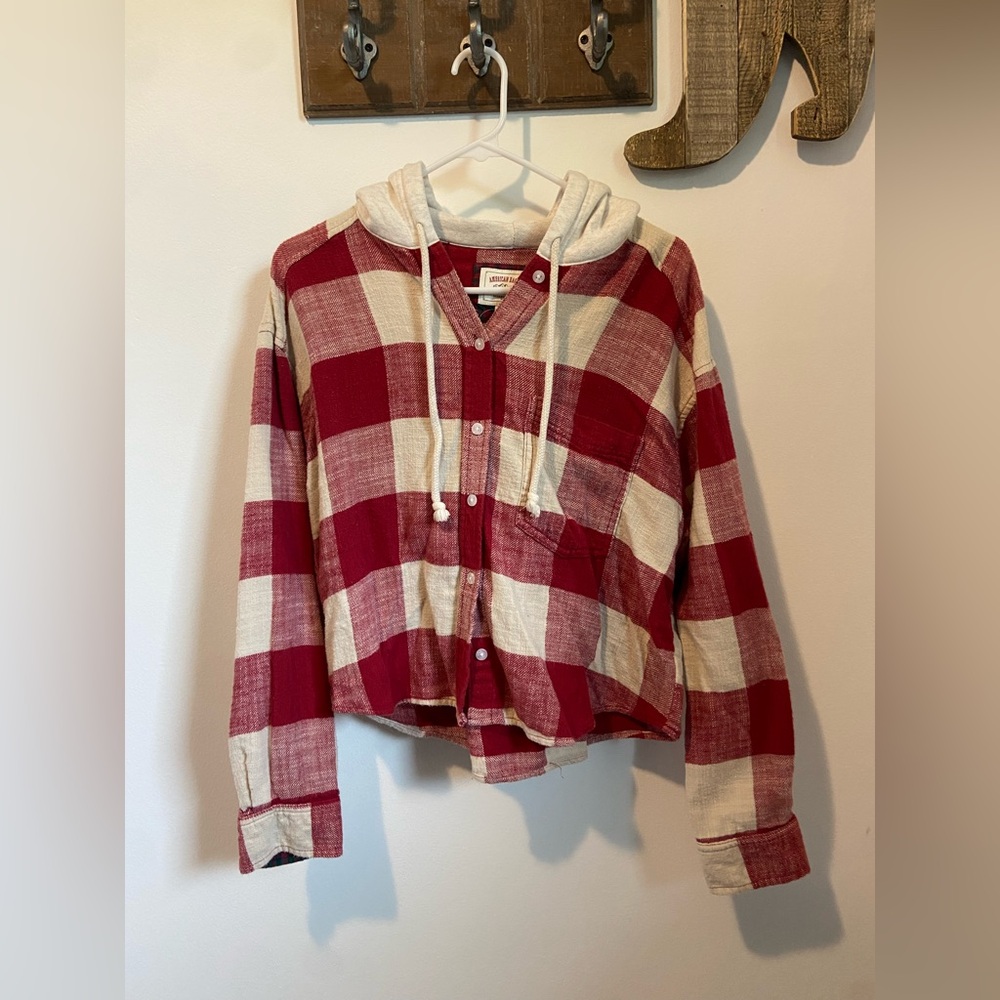 Red and Cream Plaid Hooded Shirt